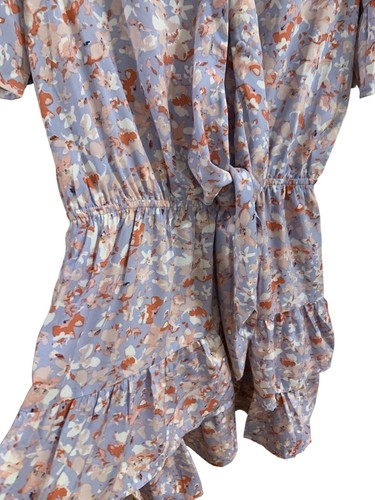 Showpo Balloon Sleeve Mini Dress Purple Blue Floral V Neck Ruffle Hem Tie Waist - Picture 6 of 12