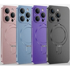 For iPhone 16 15 14 13 12 Pro Max Mag Safe Stand Matte Magnetic Case with Lens
