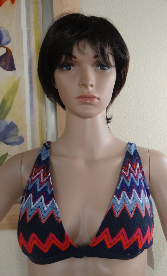 PERRY ELLIS pink tie side bikini bottom &navy w multi zig zag halter top set,L - Image 2 of 4