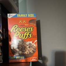 General Mills Reese's Puffs Family Size Cereal Box Orange Brown Yellow