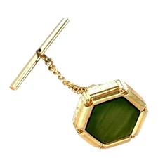 VINTAGE GOLD TONE Green STONE CHAIN TIE TACK PIN  1/2'' gift WICKED