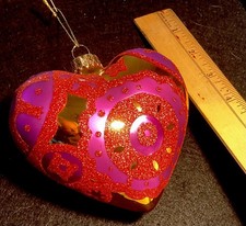 Glass Puff Heart hanging decorative Ornament 4 inches red purple gold