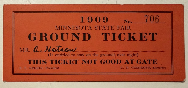 Antique 1909 MINNESOTA STATE FAIR Ground Ticket-signed A. Hotson