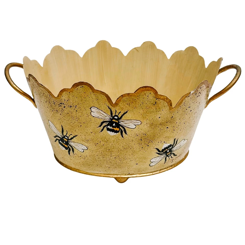 Vintage Gold French Country Tole Cachepot With Bees 12.5"L Jardiniere Planter - Image 4 of 4