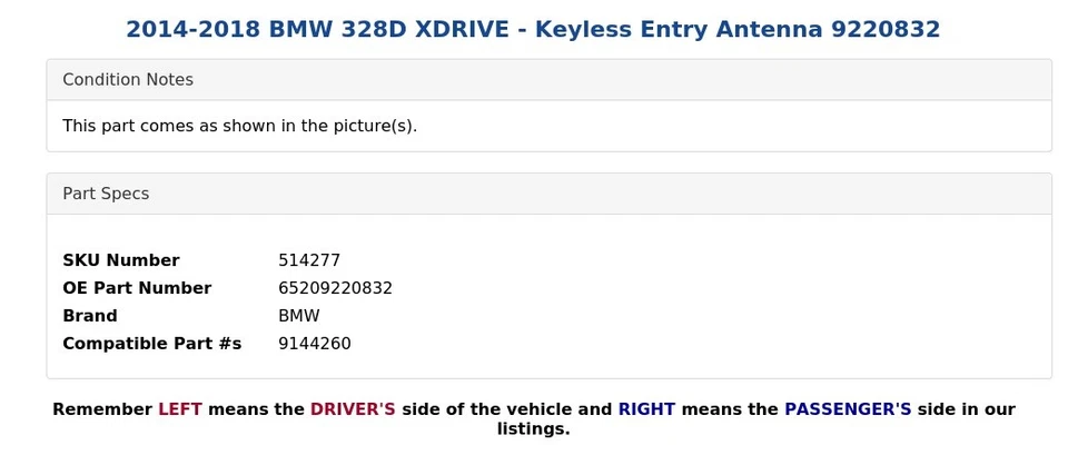 BMW 328D XDRIVE 2014-2018 - Antena de entrada sin llave 9220832 Foto 4 de 4