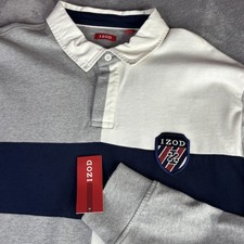 IZOD Polo Shirt Mens XL Gray Colorblock Heavy Jersey Long Sleeve Rugby Crest