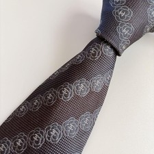 Chanel Silk Jacquard Camellia  CC Pattern Tie Gray Used