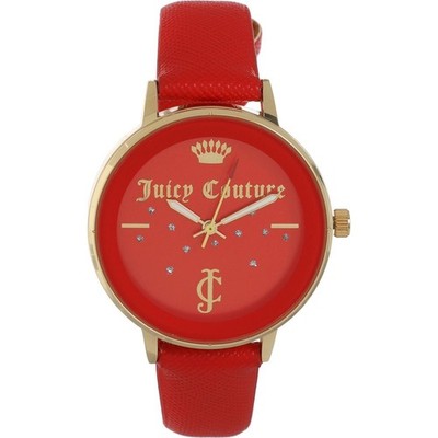 Juicy Couture rotes Leder goldfarbenes Gehäuse Logo Zifferblatt Uhr JC-1264GPRD