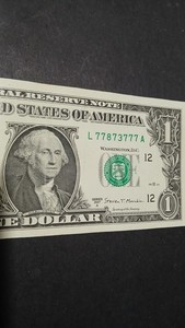 1$ Bill Serial With 6 /7s. 2017 Good Condition.  Will Consider Offers.