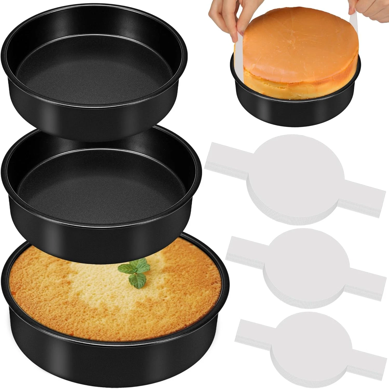 Round Cake Pans Set of 3, Nonstick Circle Cake Pan W/ 90PCS Parchment Paper