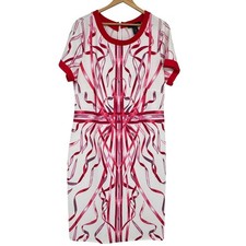 Ashley Stewart Dress Womens 18/20 Pink Red Ribbon Print Sheath Career Office