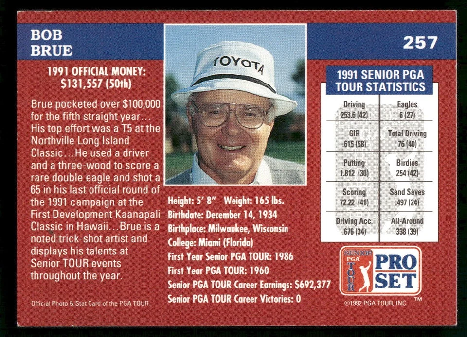Bob Brue 1992 Pro Set PGA Tour Auto #257 Near Mint or Better - Image 2 of 2