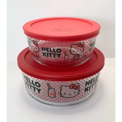 Pyrex Hello Kitty 7 & 4 Cup Glass Storage Bowls 7201 7203 w/ Lids SET