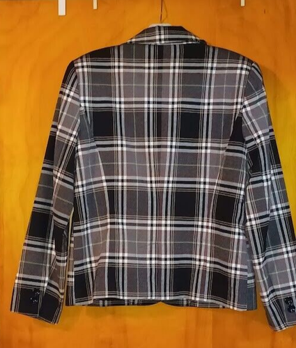 PLAID BLAZER Size SMALL Black White w/ Gray Red Yellow Stripes, Lined Jacket - Picture 3 of 4