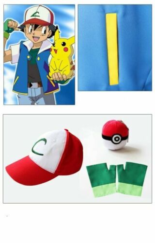 Kids Pokemon Ash Ketchum Trainer Costume Cosplay Shirt Jacket+Gloves+Hat Xmas UK - Picture 8 of 19