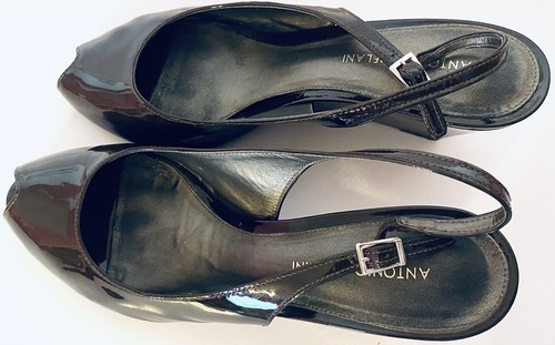 ANTONIO MELANI Flashback Brown Patent Leather Slingback Wedge Heels Sz 10M VGC - Picture 2 of 12