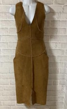 CHANEL Lamb Leather Slit V-neck Dress Women Size M Logo Plate Brown 2503SM