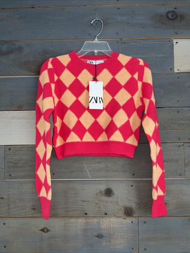 NEW Zara Bloggers Favorite Soft Knit Argyle Sweater Cropped Round Neck S - Picture 2 of 8
