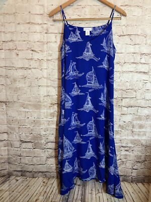 Antibes Blanc Midi Dress Womens Small Cobalt Nautical Sailboat Print Asymmetric