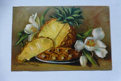 i771 AGAMMIUS BOECKER Stillleben Ananas & Blumen Postkarte um 1900