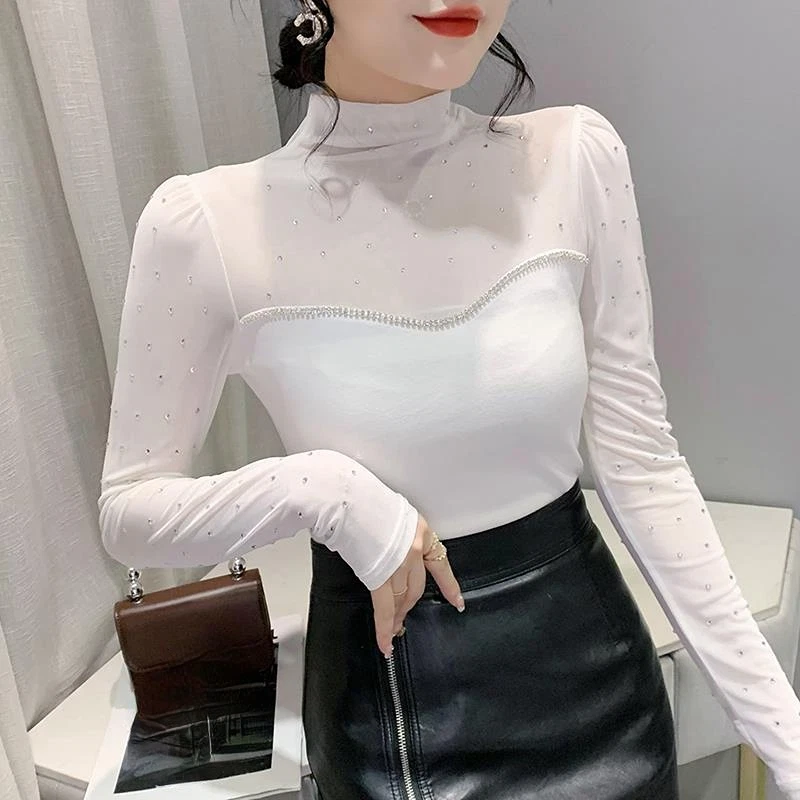 Women Bling Rhinestone Long Sleeve Mesh T-Shirt Slim Blouse Pullover Top Sexy - Image 4 of 4