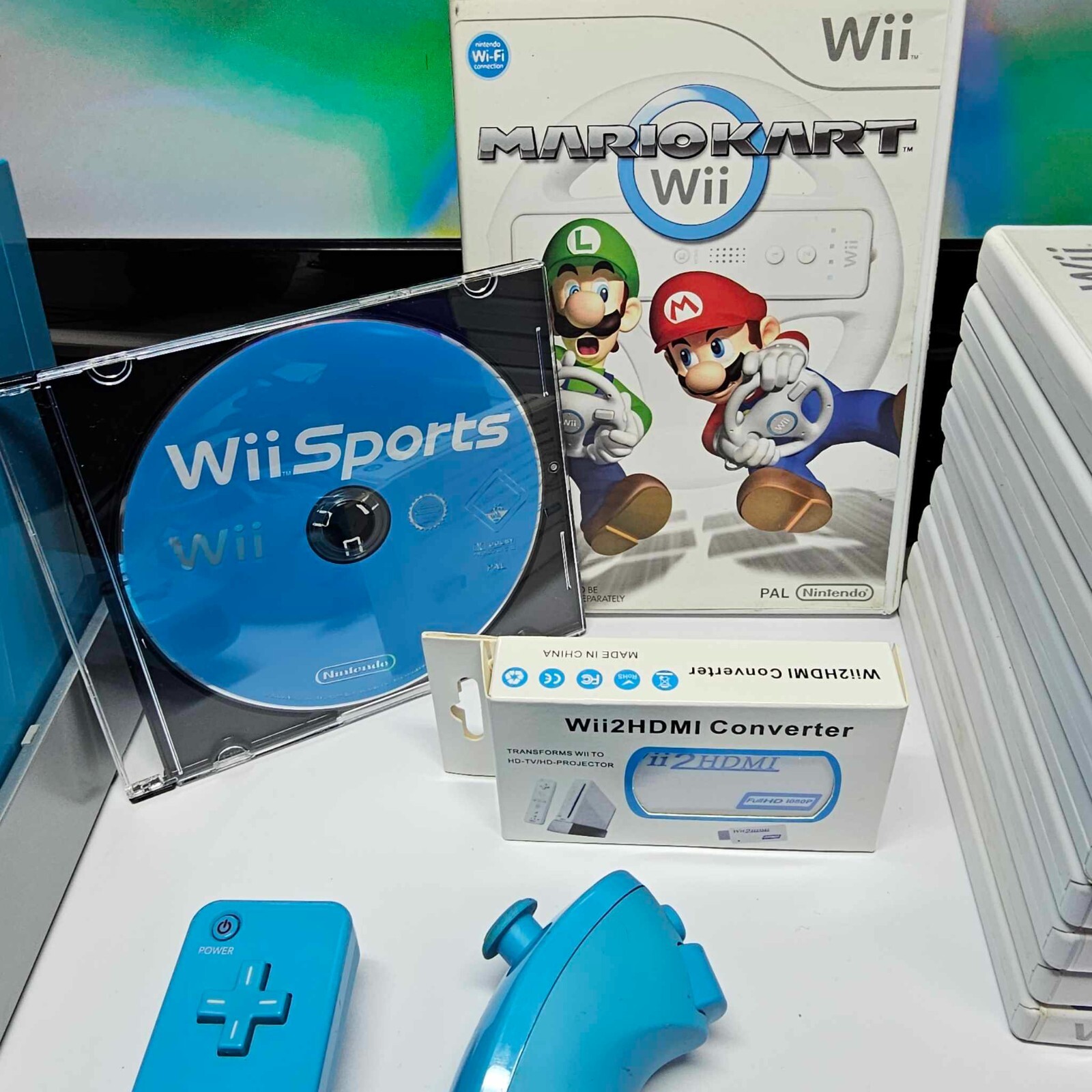 Nintendo Wii Blue Console Bundle Games Mario Kart Wii Sport & Motion