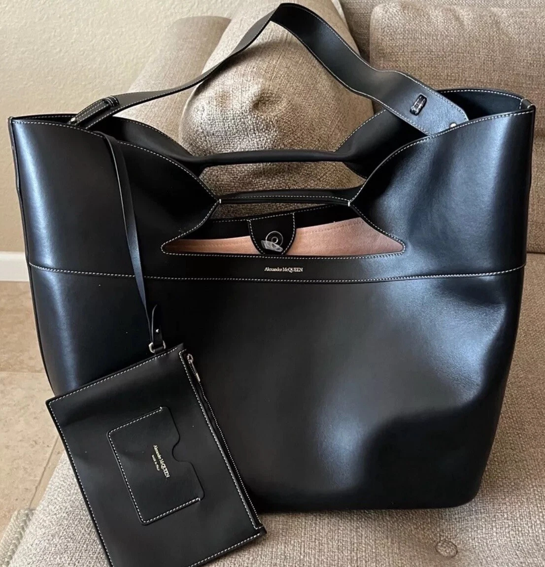 Alexander McQueen The Bow borsa a mano grande in pelle nera tote shopper nuova