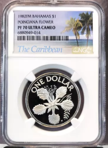 1982 BAHAMAS 1 DOLLAR POINCIANA FLOWER NGC PF 70 ULTRA CAMEO RARE LOW MINTAGE