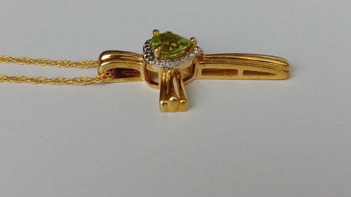 Samuel Aaron Heart Simulated Peridot & CZ Cross pendant &Chain, Yellow Gold Plat - Picture 3 of 4