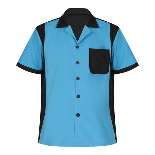 Mens Retro Classic Short Sleeve Shirt Bowling Button Tops with Pocket T-Shirt - Foto 78 di 115