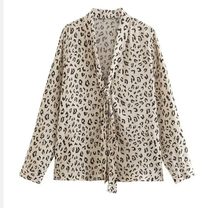 Zara Leopard Long Sleeve Tie Front Shirt Top XS