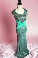 Vintage 90s La Scala Green Gold Metallic Lace Rose Fitted Prom Evening Gown