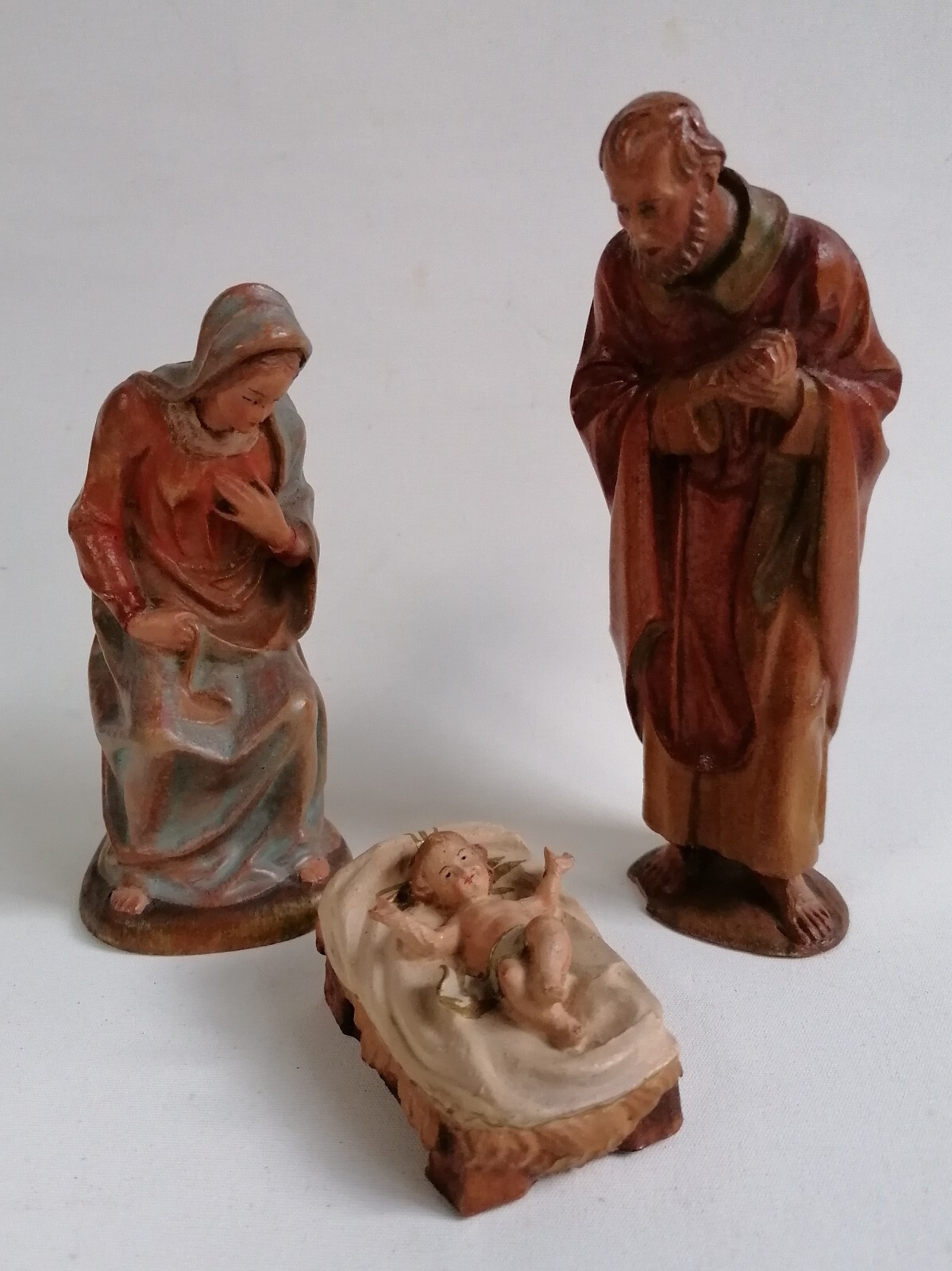 ANRI Kuolt Krippenfiguren, Heilige Familie Coloriert 15 cm, alte Serie.