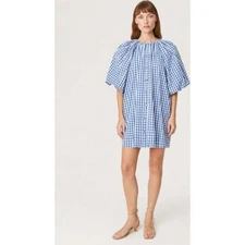 RHODE Dress Womens Small Blue White Gingham Check Mini Puff Sleeve Paloma