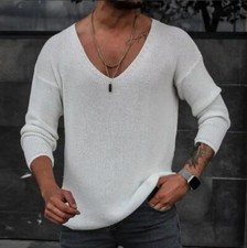 New Mens Deep V-Neck Knit Long Sleeve Sweater Autumn Thin Underlay Sweater