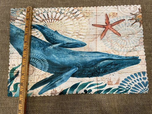 Beach Ocean Blue Whale & Baby Cream Sea Map Nautical Scalloped Set 6 Placemats - Picture 12 of 12