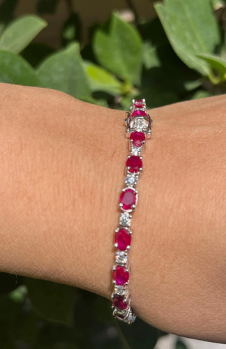 14 Ct Oval Cut Natural Ruby & Diamond Bridal Tennis Bracelet 14K White Gold 7"