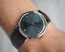 1966 Omega Blue Men's Watch Vintage Mechanical Sunburst Dial Steel Leather