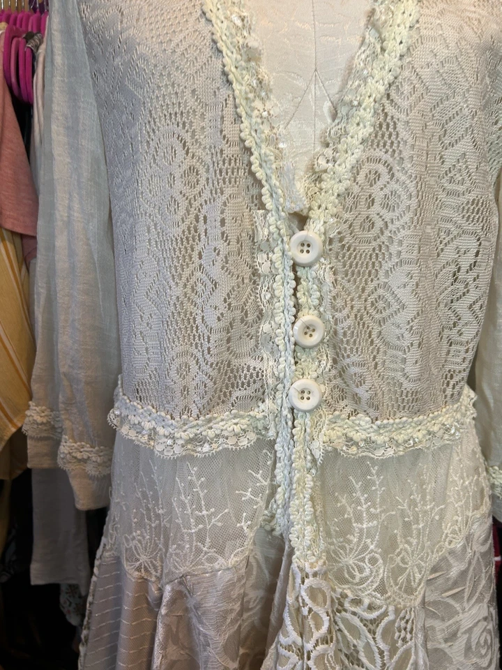 Pretty Angel Cardigan Size L Cream Linen Blend Crochet Lace Swing Fairy Coquette - Image 4 of 4