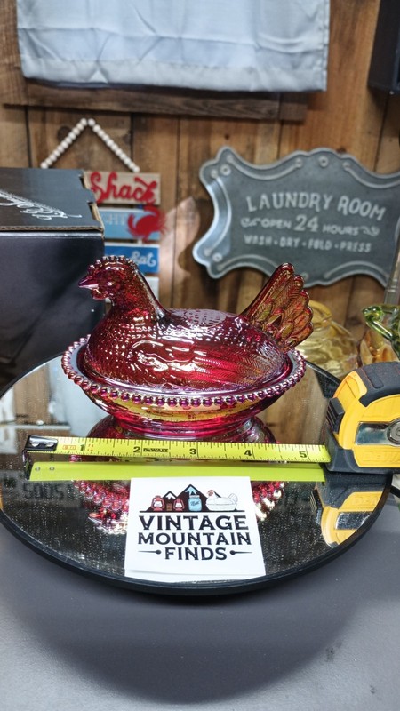 Small Red Carnival Glass Iridescent  Hen On Nest