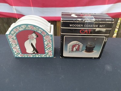 Set of Six Vintage White Cat Coasters and Case