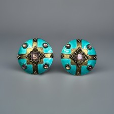 Vintage Concho Style Sterling Silver Turquoise Enamel & Amethyst Post Earrings