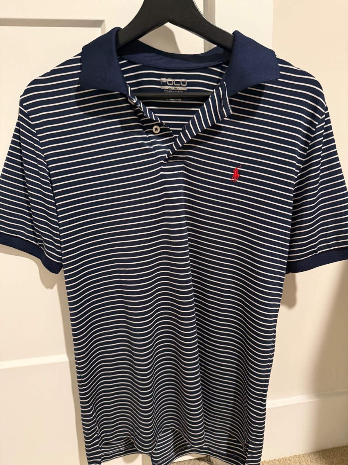 Polo Ralph Lauren Boys Large Navy White Striped Polo Shirt Red Pony Logo