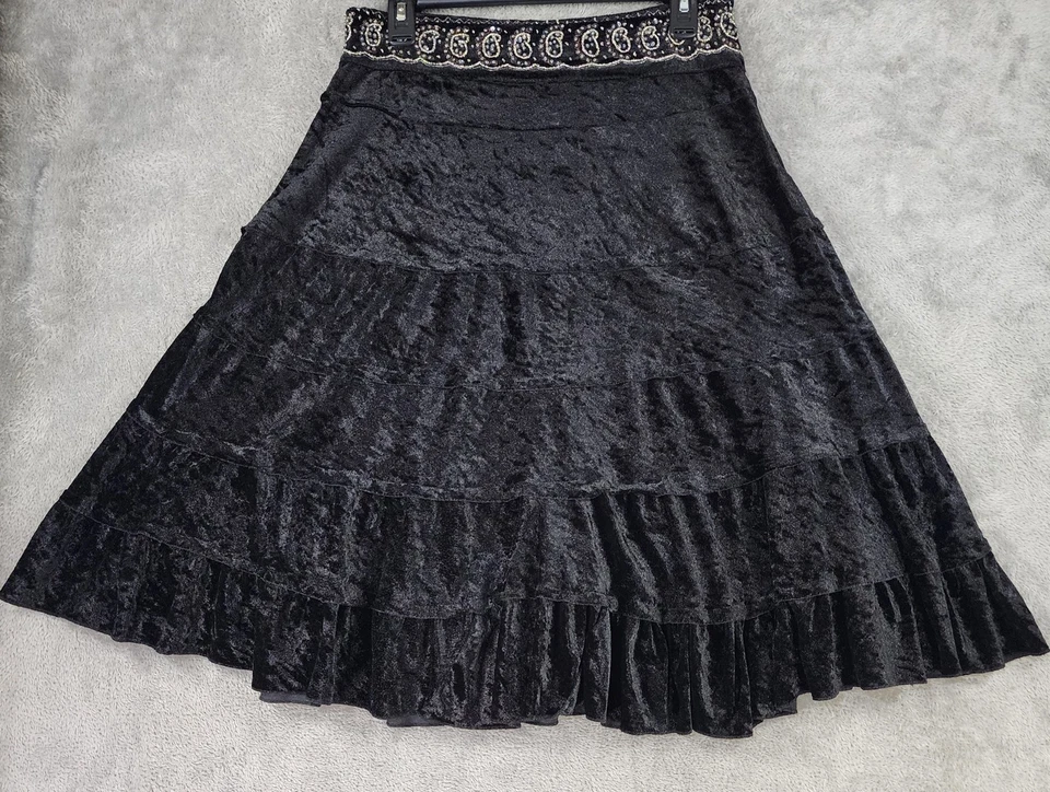 Mix Nouveau Falda Mujer Grande Negro Terciopelo Paisley Boho Volantes en Niveles Midi Foto 2 de 4