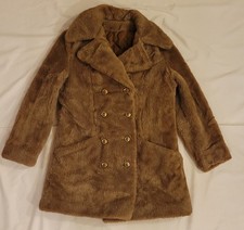 VTG 70s Sears Fashions Faux Fur Brown Teddy Coat Double Breasted SZ S/M Retro