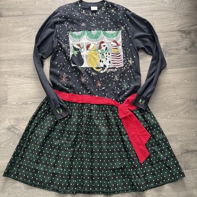 Vintage Handmade Ugly Christmas Tshirt Dress Long slv Size XL Cats art DIY midi