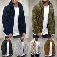 Mens Teddy Bear Fluffy Fur Fleece Hoody Cardigan Hoodie Winter Warm Coat Jacket