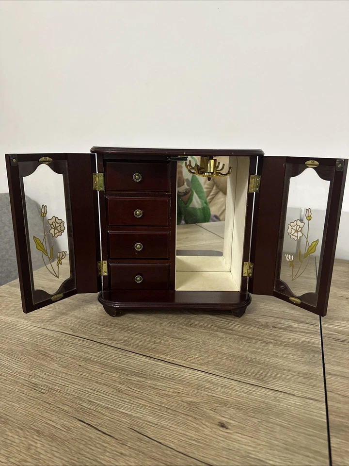 Amazing Vintage Wooden Wardrobe Style Musical Jewellery Box With Floral Design - Image 2 of 4