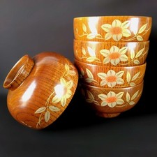 Japanese Yumi Katsura Wooden Lacquer Soup Bowls Set of 5 Floral Design