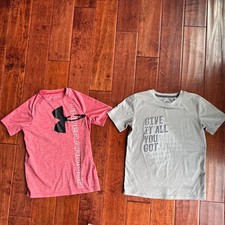 Lot of 2 Under Armour Youth Gray and Salmon Athletic T-Shirts